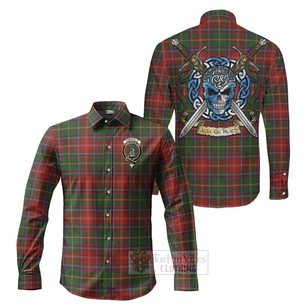 Tartan Vibes Clothing Somerville Tartan Long Sleeve Button Shirt with Family Crest Celtic Skull Style