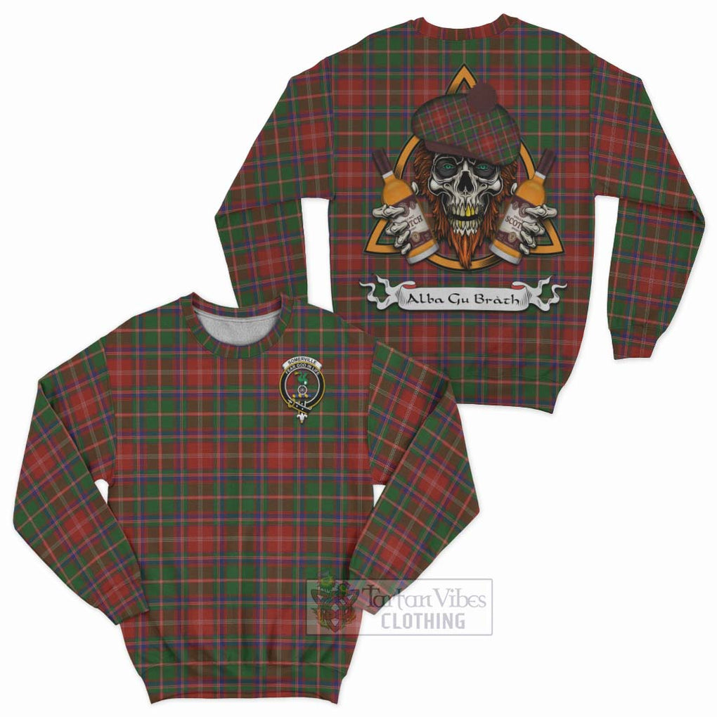 Tartan Vibes Clothing Somerville Tartan Sweatshirt with Family Crest and Bearded Skull Holding Bottles of Whiskey