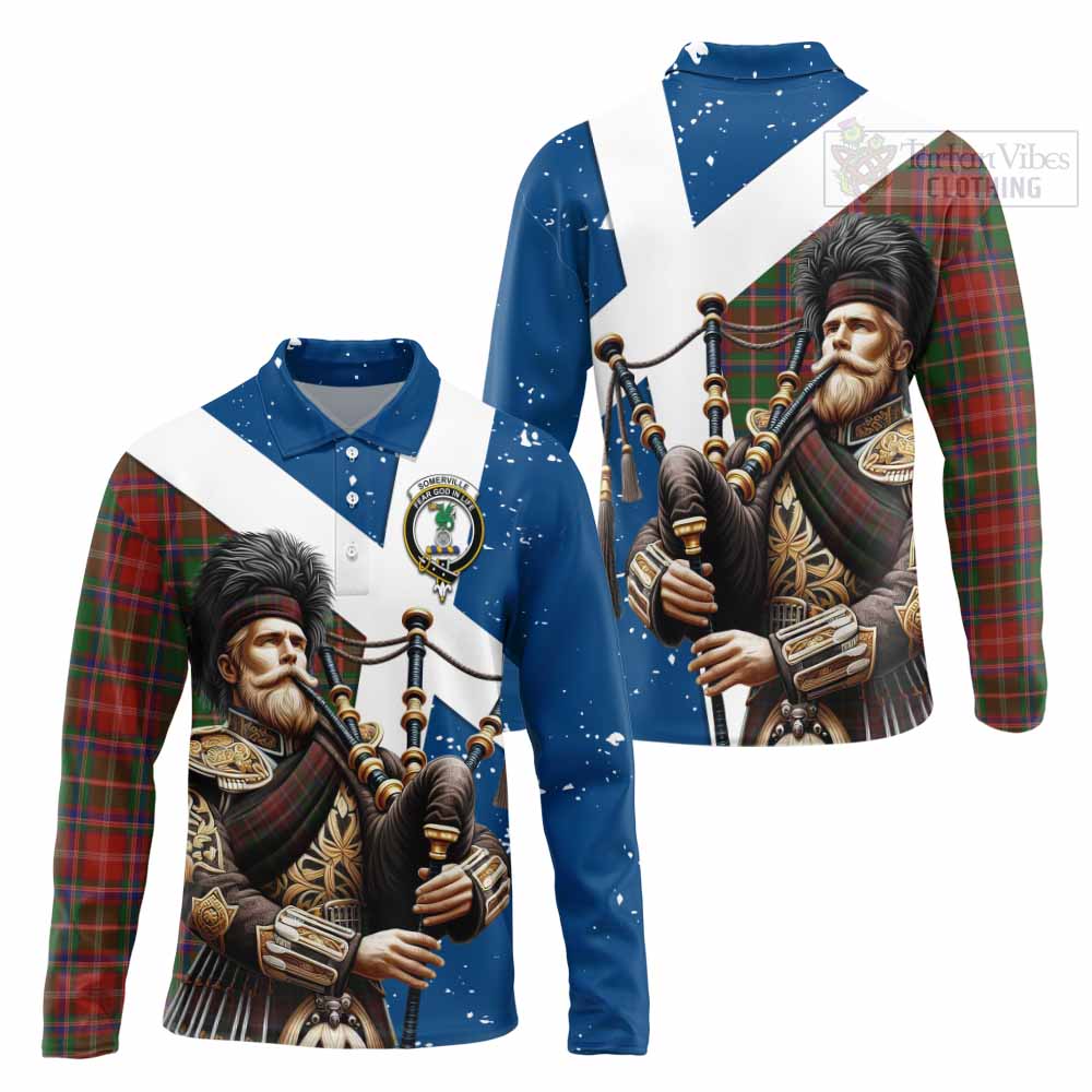 Tartan Vibes Clothing Somerville Tartan Long Sleeve Polo Shirt with Family Crest Scottish Bagpiper Vibes