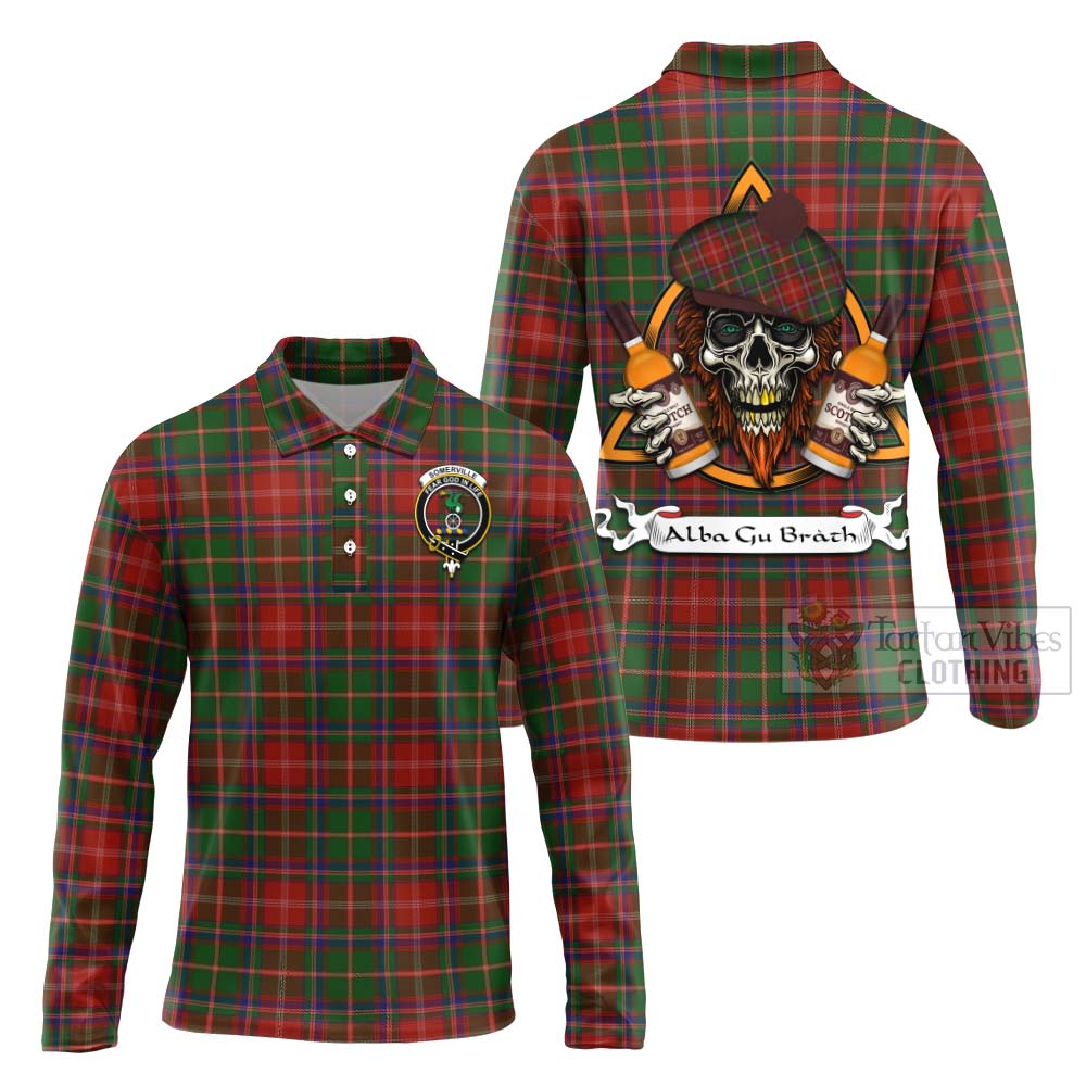 Tartan Vibes Clothing Somerville Tartan Long Sleeve Polo Shirt with Family Crest and Bearded Skull Holding Bottles of Whiskey