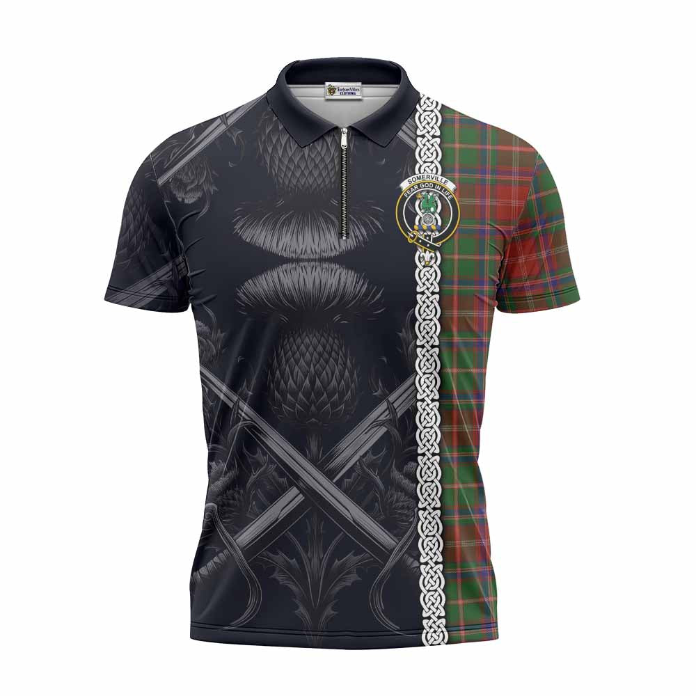 Tartan Vibes Clothing Somerville Tartan Zipper Polo Shirt with Family Crest Cross Sword Thistle Celtic Vibes