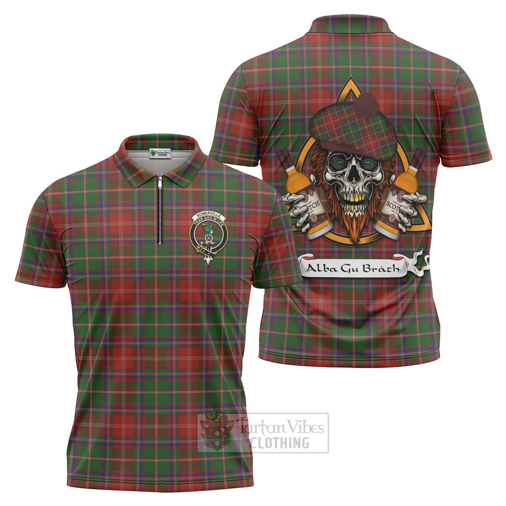 Tartan Vibes Clothing Somerville Tartan Zipper Polo Shirt with Family Crest and Bearded Skull Holding Bottles of Whiskey