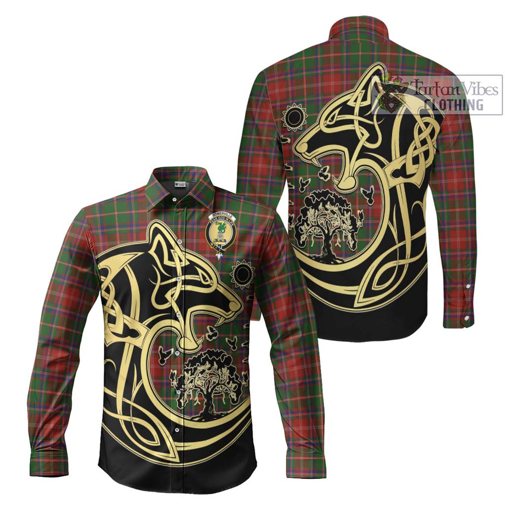 Somerville Tartan Long Sleeve Button Shirt with Family Crest Celtic Wolf Style Men's Shirt S - Tartan Vibes Clothing