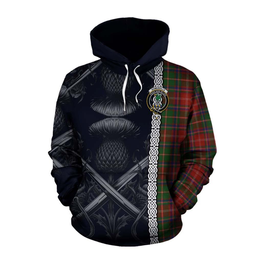 Tartan Vibes Clothing Somerville Tartan Cotton Hoodie with Family Crest Cross Sword Thistle Celtic Vibes