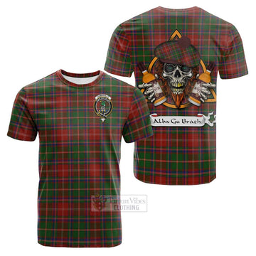 Somerville Tartan Cotton T-shirt with Family Crest and Bearded Skull Holding Bottles of Whiskey