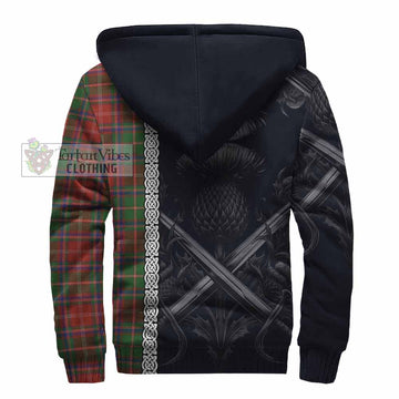 Somerville Tartan Sherpa Hoodie with Family Crest Cross Sword Thistle Celtic Vibes