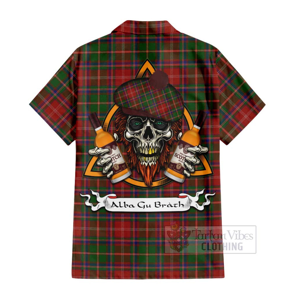 Tartan Vibes Clothing Somerville Tartan Short Sleeve Button Shirt with Family Crest and Bearded Skull Holding Bottles of Whiskey