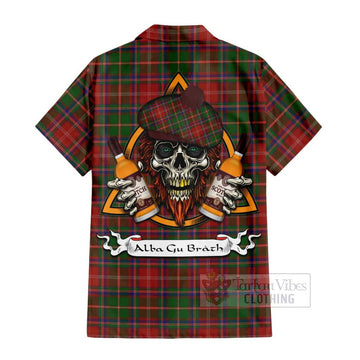 Somerville Tartan Short Sleeve Button Shirt with Family Crest and Bearded Skull Holding Bottles of Whiskey