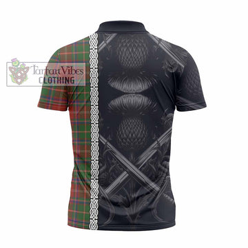 Somerville Tartan Zipper Polo Shirt with Family Crest Cross Sword Thistle Celtic Vibes