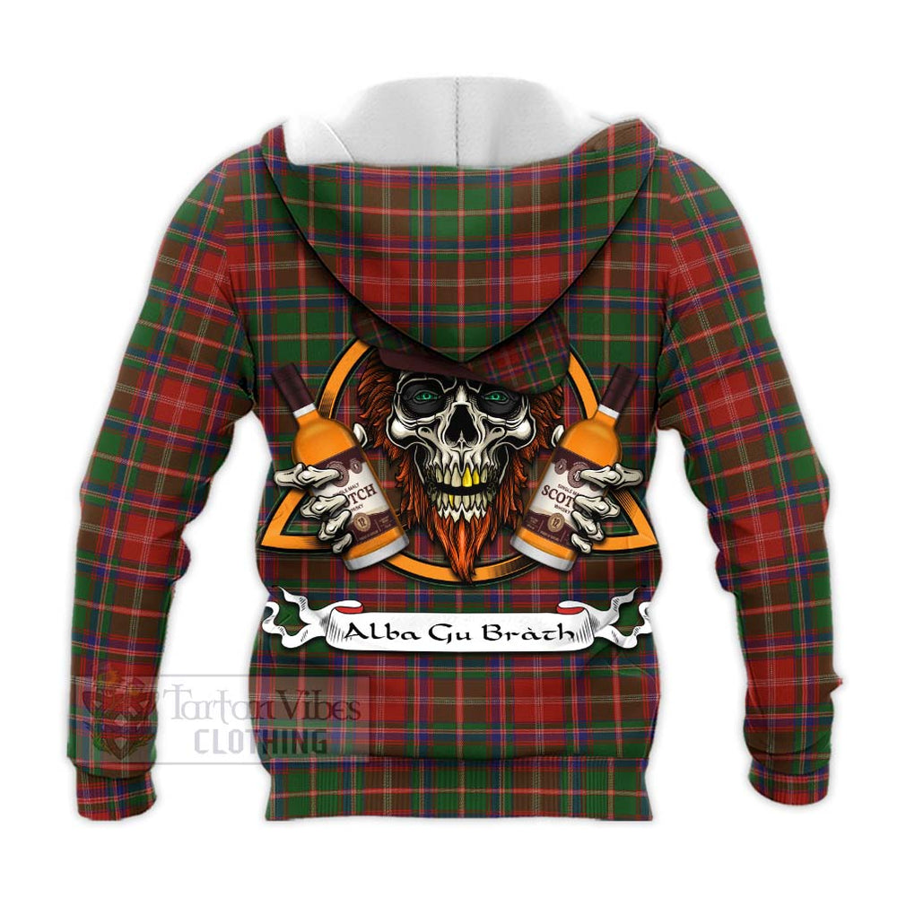 Tartan Vibes Clothing Somerville Tartan Knitted Hoodie with Family Crest and Bearded Skull Holding Bottles of Whiskey