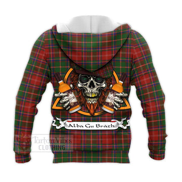 Somerville Tartan Knitted Hoodie with Family Crest and Bearded Skull Holding Bottles of Whiskey