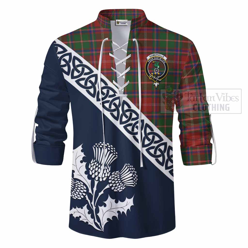 Tartan Vibes Clothing Somerville Tartan Ghillie Kilt Shirt Featuring Thistle and Scotland Map