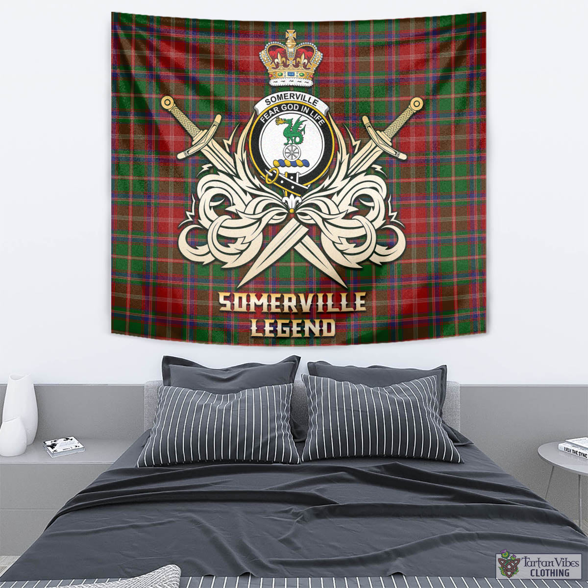 Tartan Vibes Clothing Somerville Tartan Tapestry with Clan Crest and the Golden Sword of Courageous Legacy