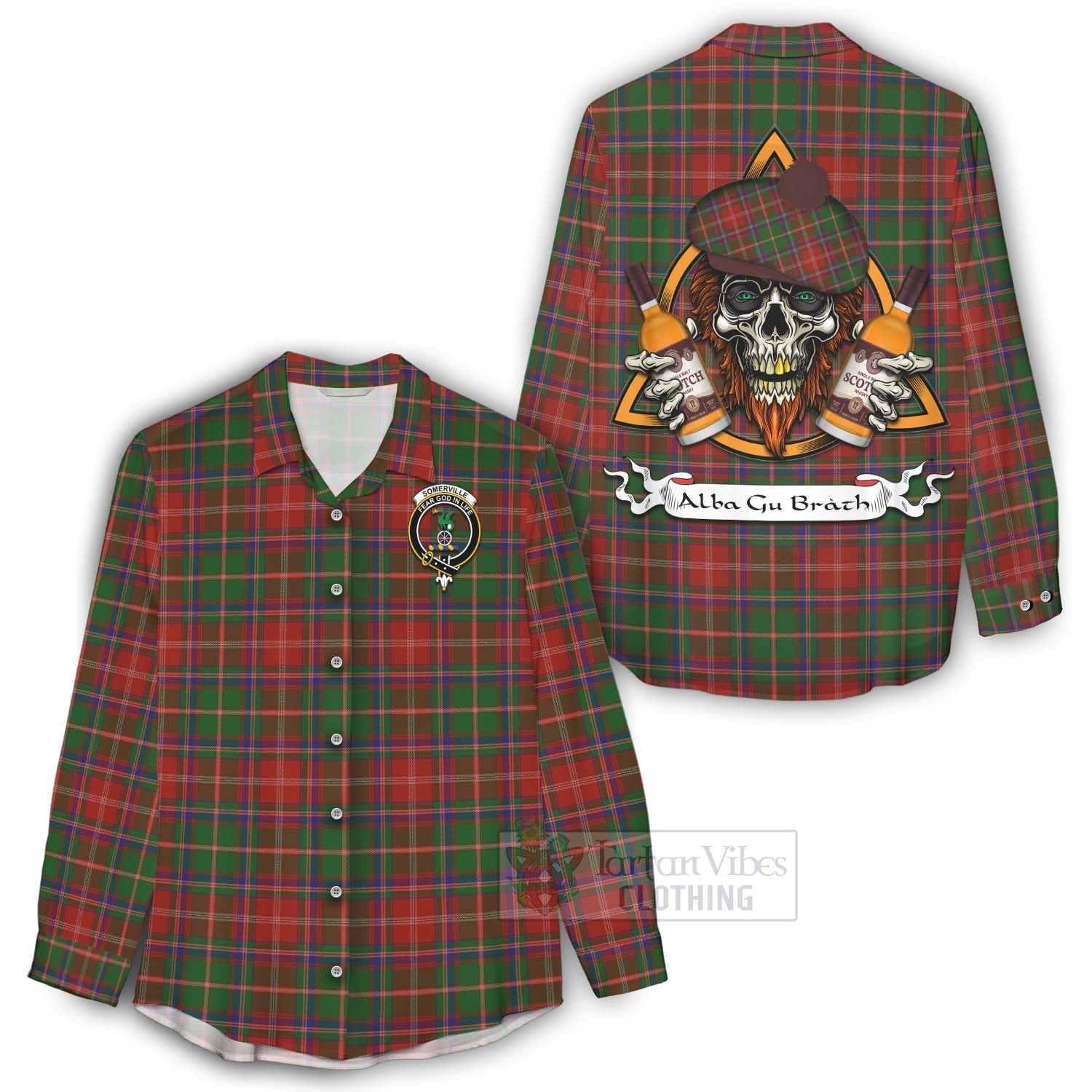 Tartan Vibes Clothing Somerville Tartan Women's Casual Shirt with Family Crest and Bearded Skull Holding Bottles of Whiskey