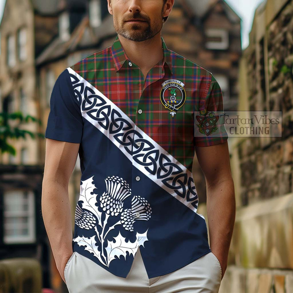 Tartan Vibes Clothing Somerville Tartan Short Sleeve Button Shirt Featuring Thistle and Scotland Map