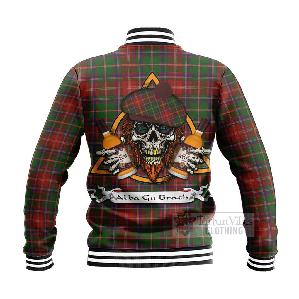 Tartan Vibes Clothing Somerville Tartan Baseball Jacket with Family Crest and Bearded Skull Holding Bottles of Whiskey