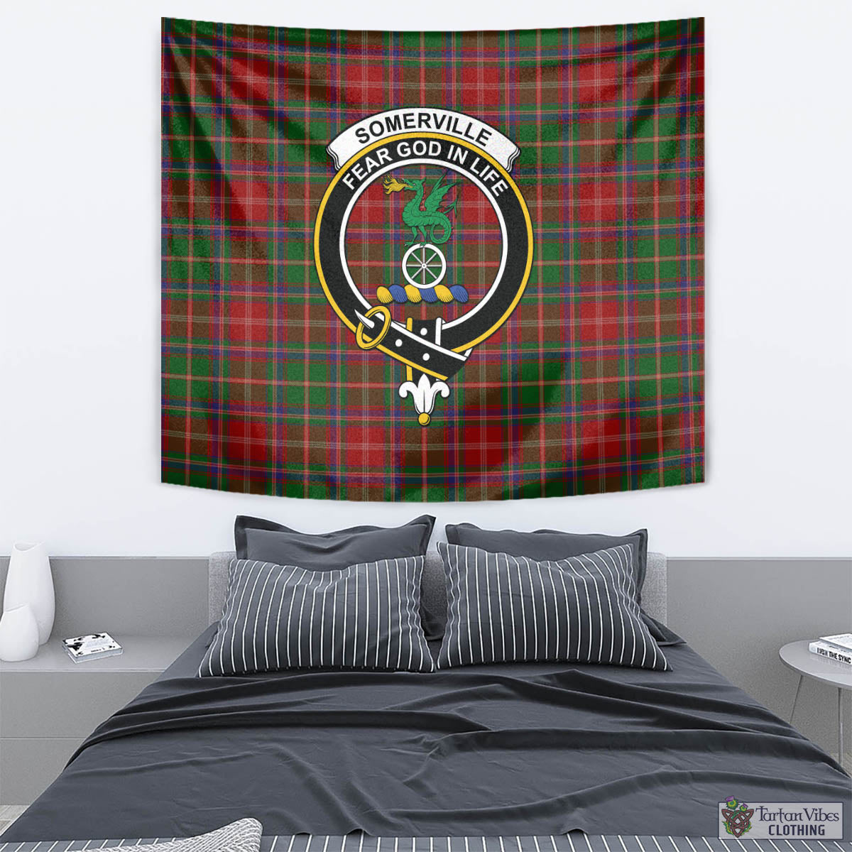 Tartan Vibes Clothing Somerville Tartan Tapestry Wall Hanging and Home Decor for Room with Family Crest