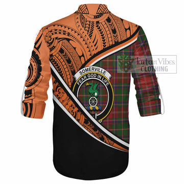 Somerville Crest Tartan Ghillie Kilt Shirt with Polynesian Vibes Style - Orange Version