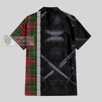 Somerville Tartan Short Sleeve Button Shirt with Family Crest Cross Sword Thistle Celtic Vibes