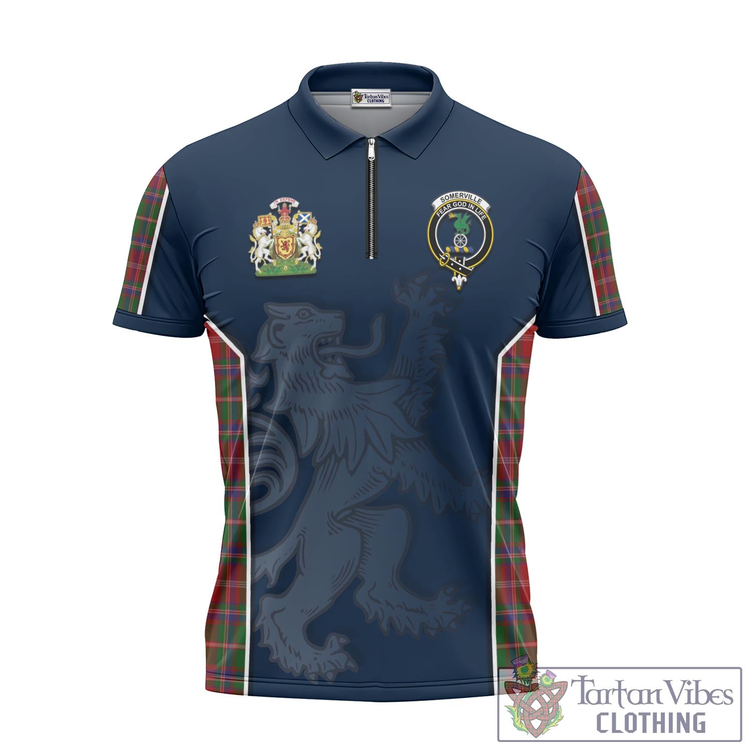 Tartan Vibes Clothing Somerville Tartan Zipper Polo Shirt with Family Crest and Lion Rampant Vibes Sport Style