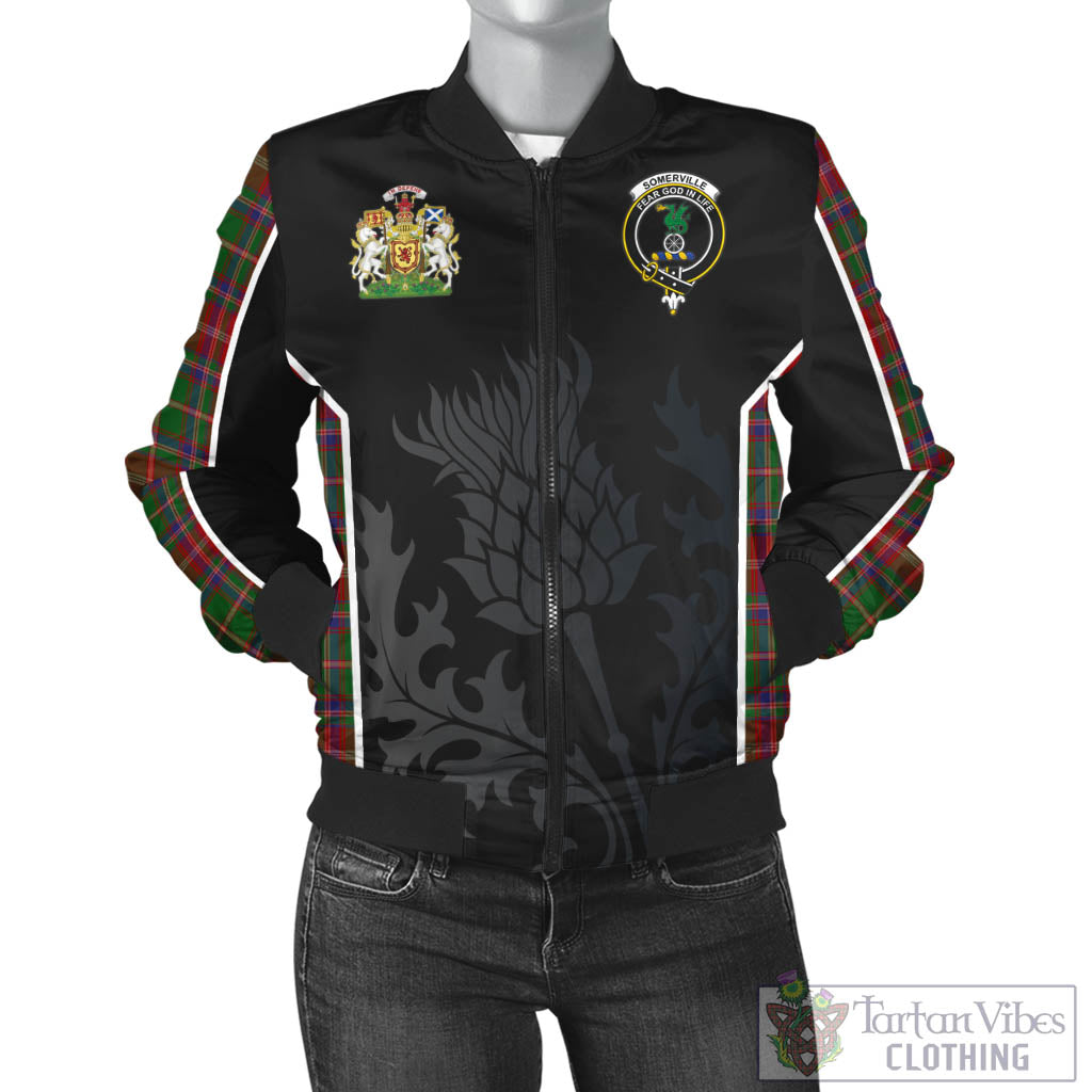 Tartan Vibes Clothing Somerville Tartan Bomber Jacket with Family Crest and Scottish Thistle Vibes Sport Style