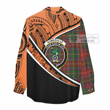 Somerville Crest Tartan Women's Casual Shirt with Polynesian Vibes Style - Orange Version