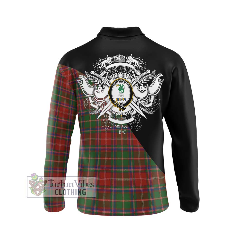 Somerville Tartan Long Sleeve Polo Shirt with Family Crest and Military Logo Style - Tartanvibesclothing Shop