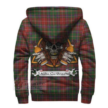 Somerville Tartan Sherpa Hoodie with Family Crest and Bearded Skull Holding Bottles of Whiskey