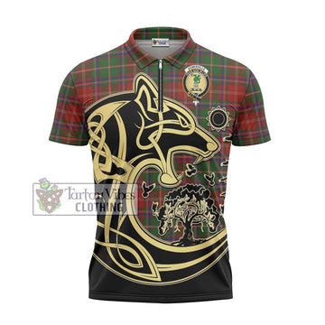 Somerville Tartan Zipper Polo Shirt with Family Crest Celtic Wolf Style