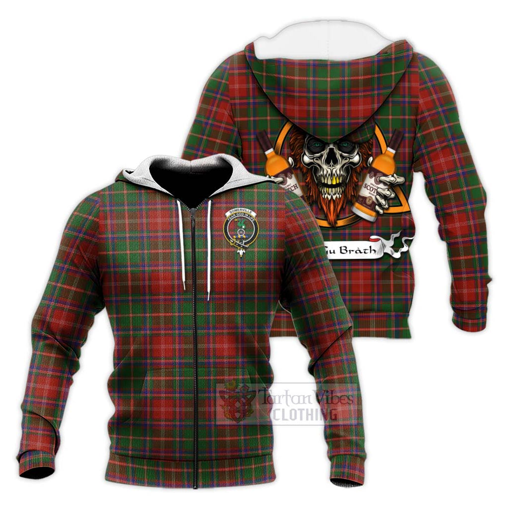 Tartan Vibes Clothing Somerville Tartan Knitted Hoodie with Family Crest and Bearded Skull Holding Bottles of Whiskey