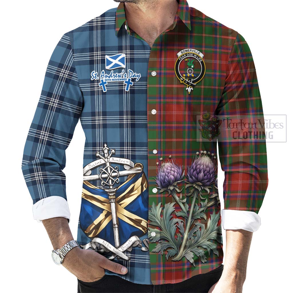 Tartan Vibes Clothing Somerville Tartan Long Sleeve Button Shirt Happy St. Andrew's Day Half Tartan Style