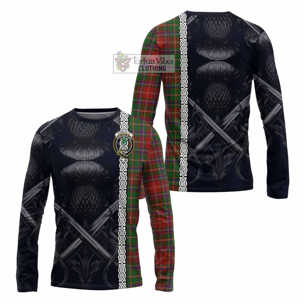 Tartan Vibes Clothing Somerville Tartan Long Sleeve T-Shirt with Family Crest Cross Sword Thistle Celtic Vibes