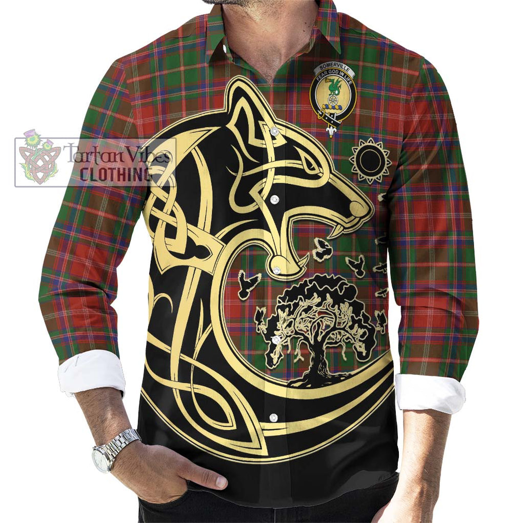 Somerville Tartan Long Sleeve Button Shirt with Family Crest Celtic Wolf Style - Tartan Vibes Clothing