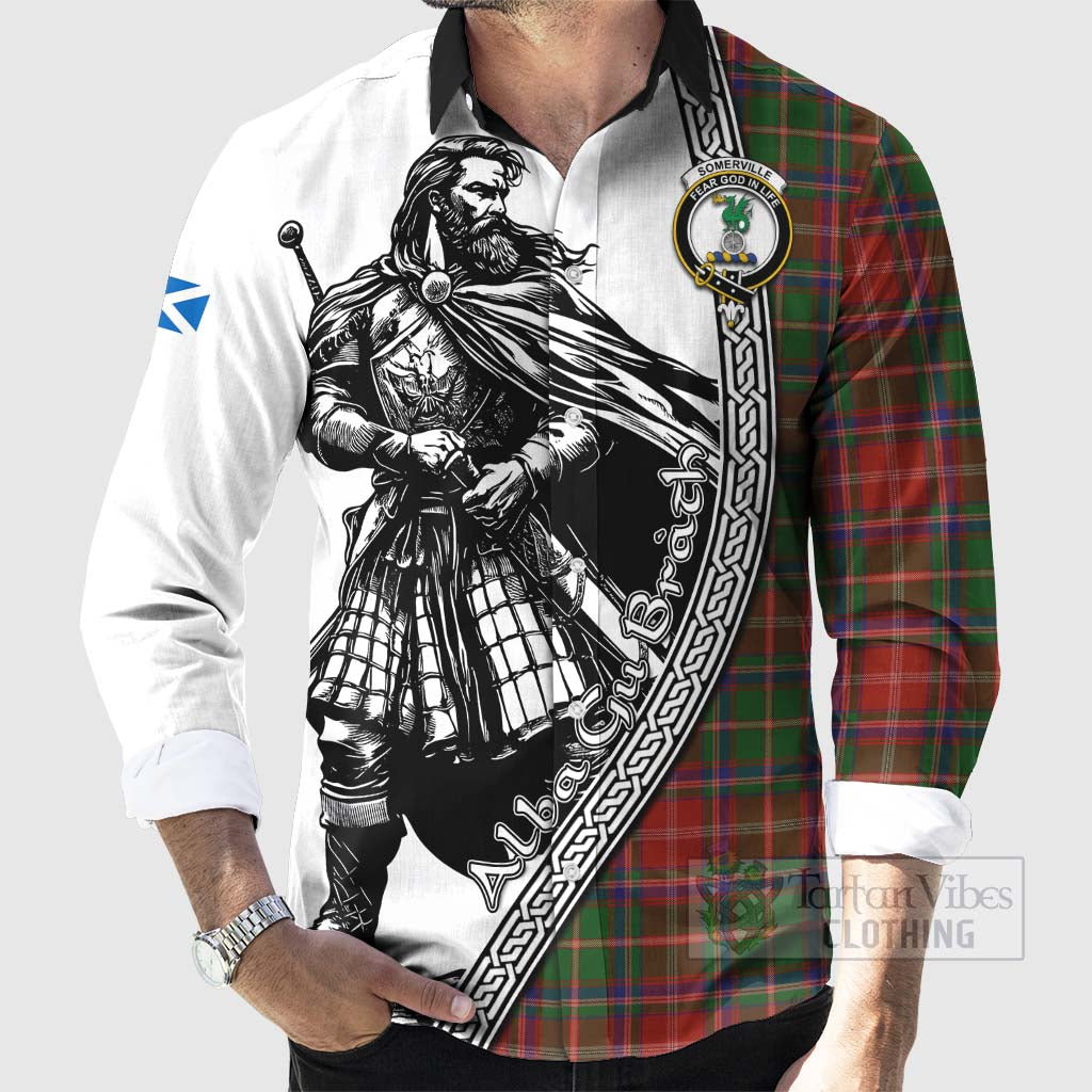 Tartan Vibes Clothing Somerville Tartan Clan Crest Long Sleeve Button Shirt with Highlander Warrior Celtic Style