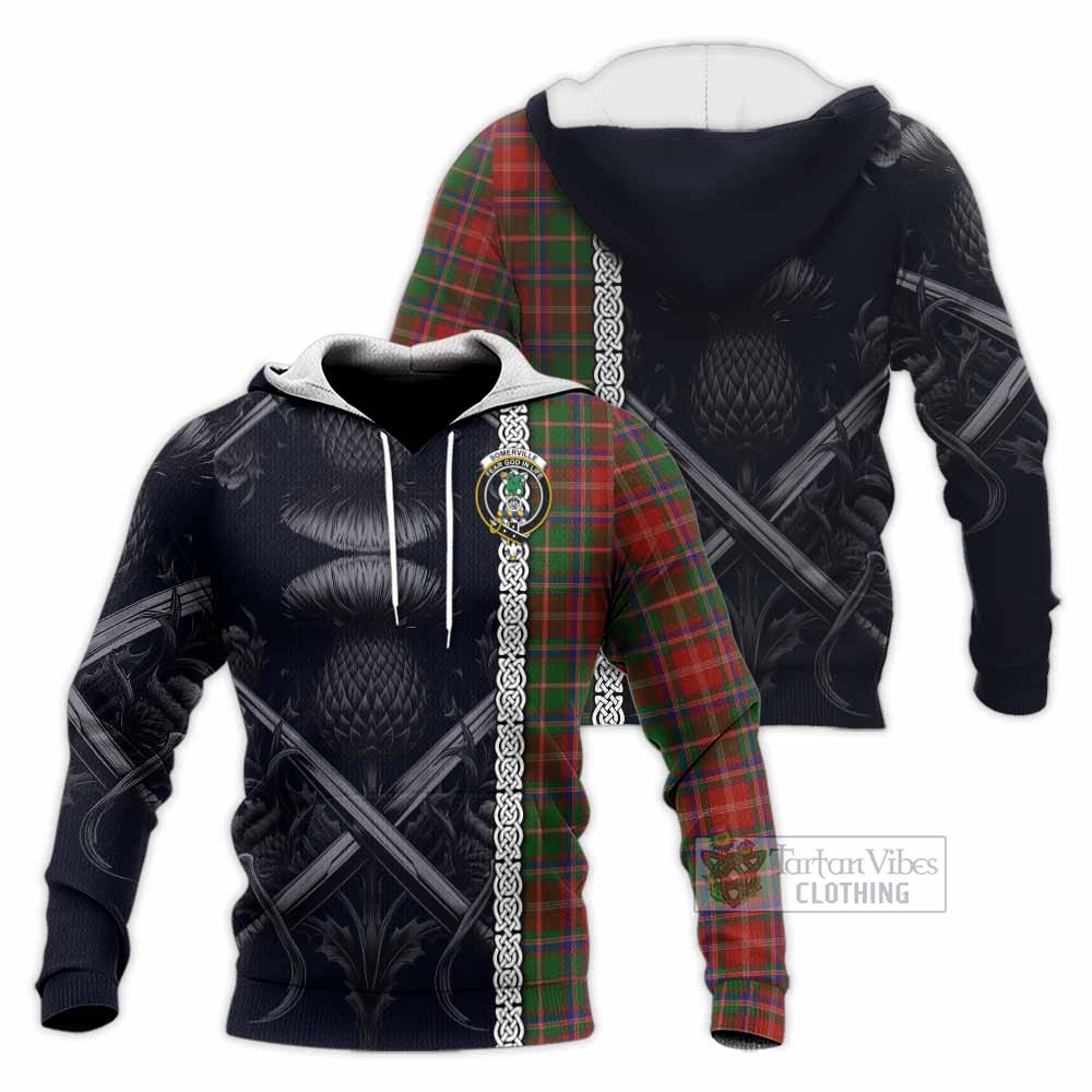 Tartan Vibes Clothing Somerville Tartan Knitted Hoodie with Family Crest Cross Sword Thistle Celtic Vibes