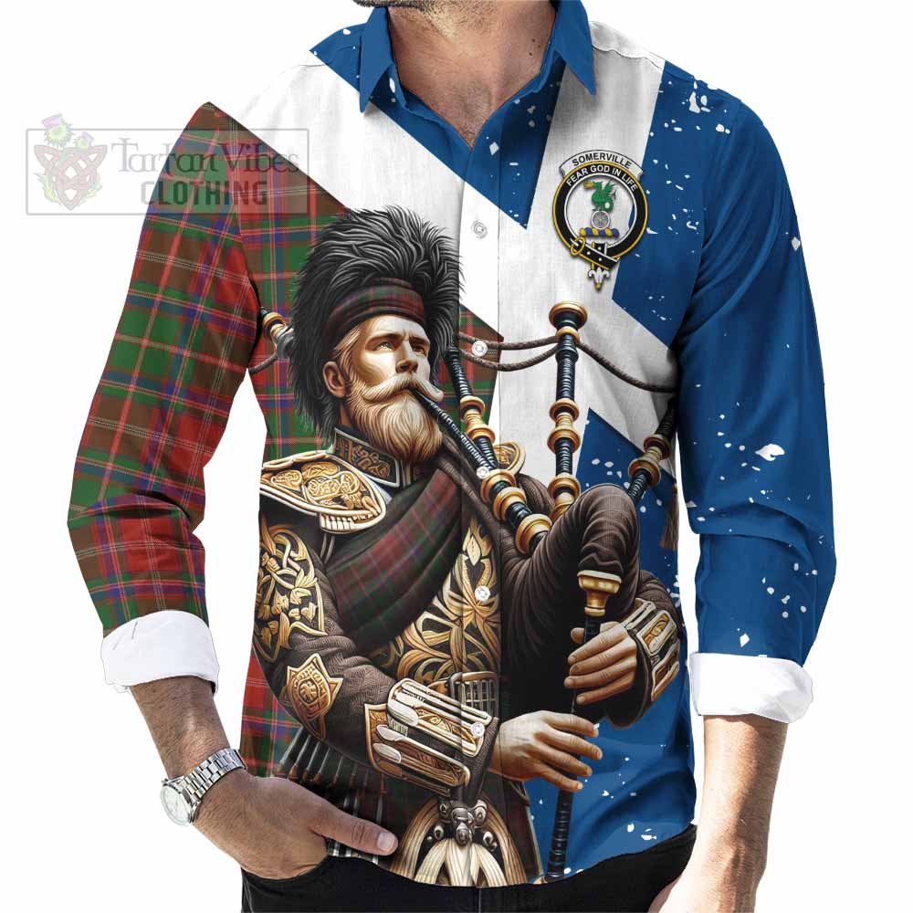 Tartan Vibes Clothing Somerville Tartan Long Sleeve Button Shirt with Family Crest Scottish Bagpiper Vibes