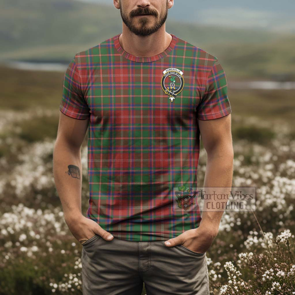 Tartan Vibes Clothing Somerville Tartan T-Shirt with Family Crest and Bearded Skull Holding Bottles of Whiskey