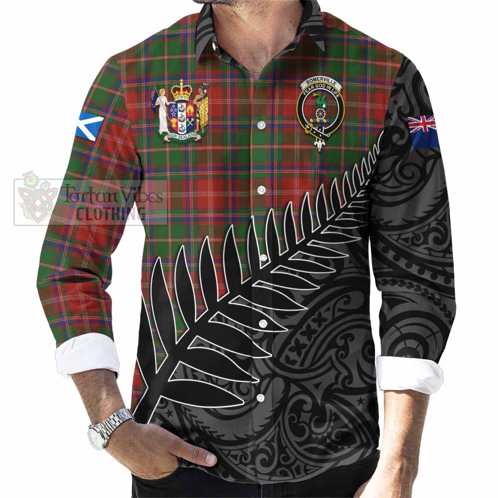 Tartan Vibes Clothing Somerville Crest Tartan Long Sleeve Button Shirt with New Zealand Silver Fern Half Style