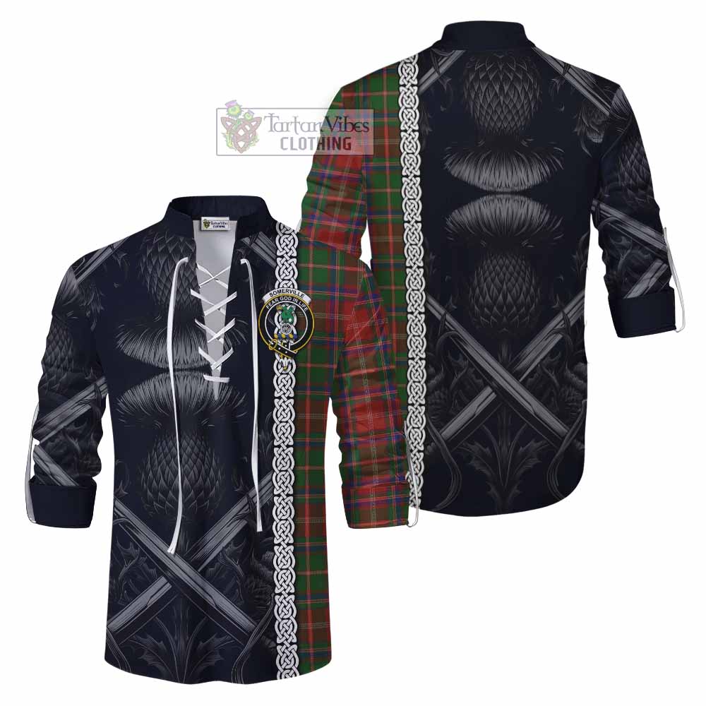 Tartan Vibes Clothing Somerville Tartan Ghillie Kilt Shirt with Family Crest Cross Sword Thistle Celtic Vibes