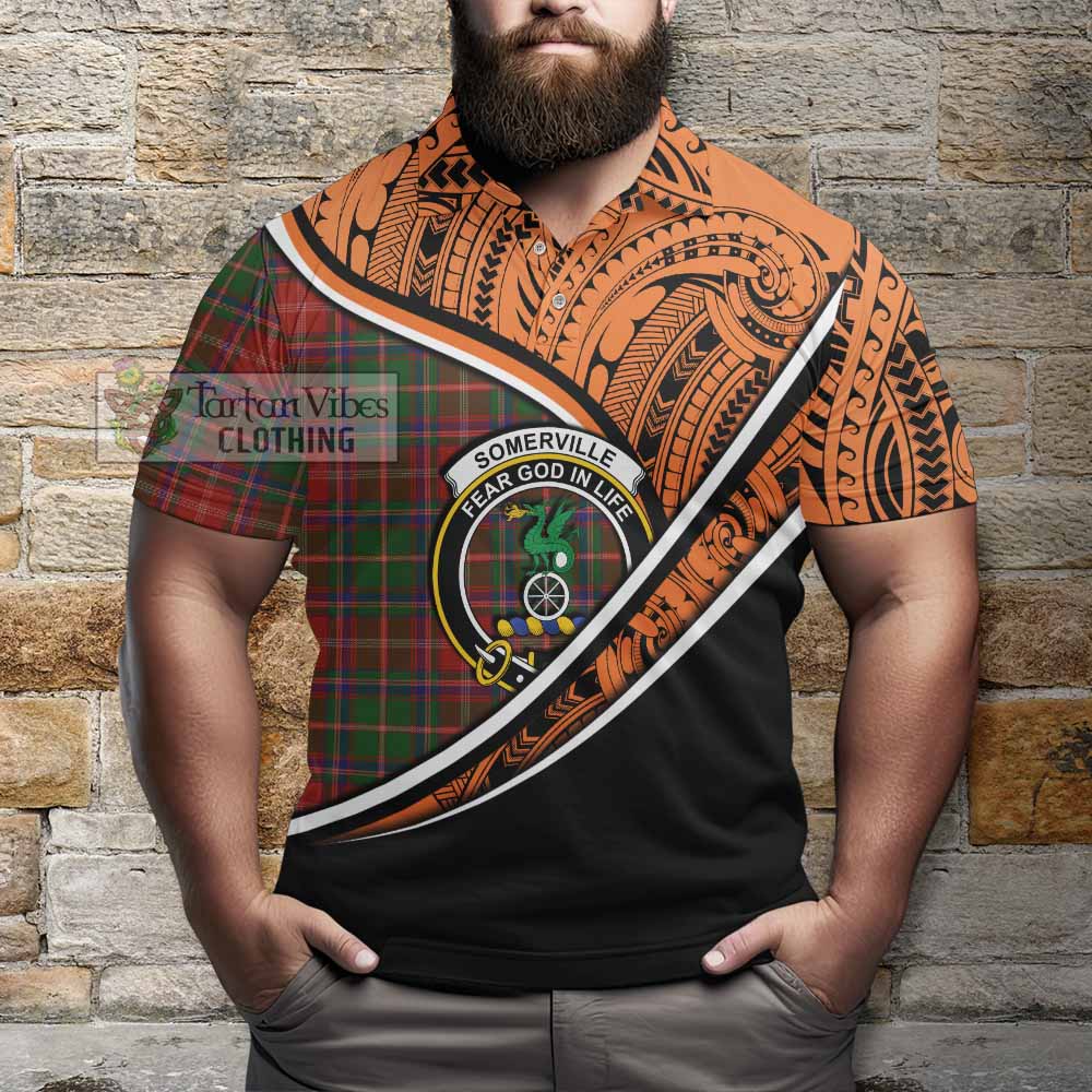 Tartan Vibes Clothing Somerville Crest Tartan Polo Shirt with Maori Tattoo Style - Orange Version