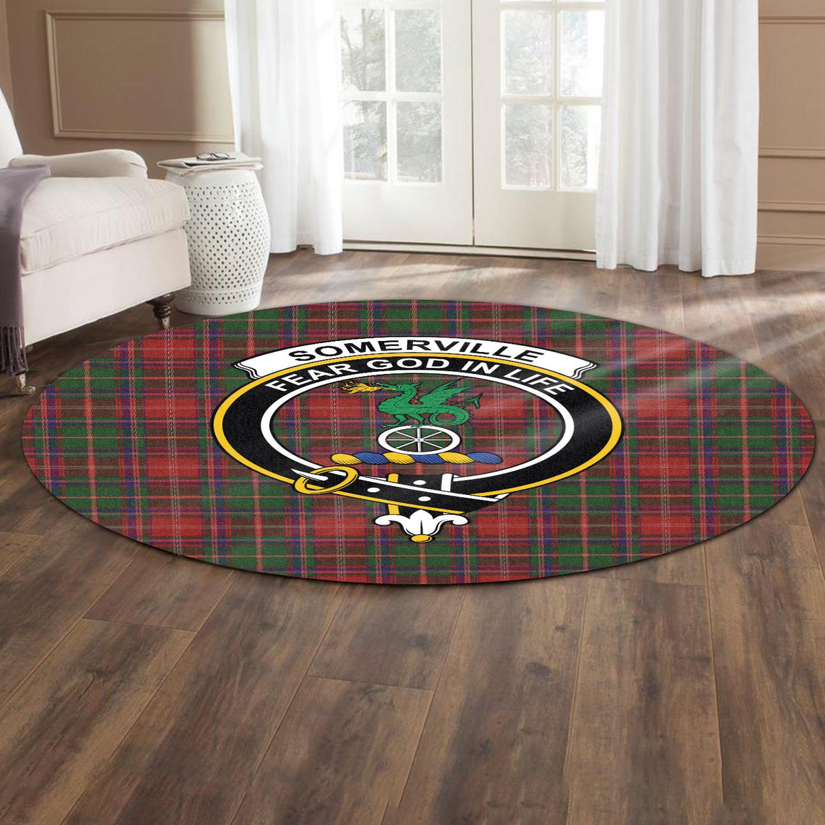Somerville Tartan Round Rug with Family Crest - Tartan Vibes Clothing