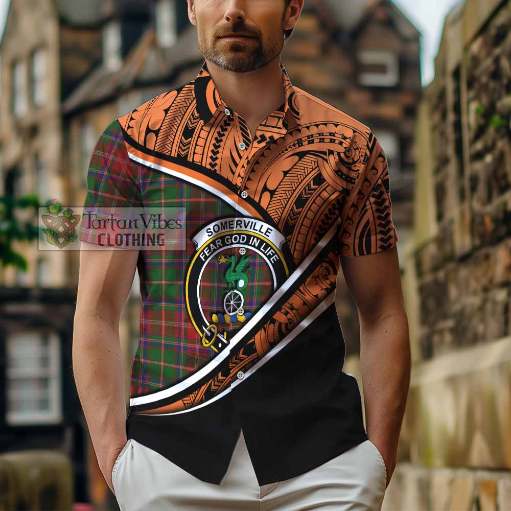 Tartan Vibes Clothing Somerville Crest Tartan Short Sleeve Button Shirt with Maori Tattoo Style - Orange Version