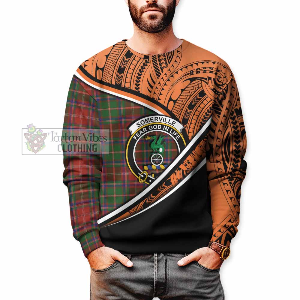 Tartan Vibes Clothing Somerville Crest Tartan Sweatshirt with Maori Tattoo Style - Orange Version