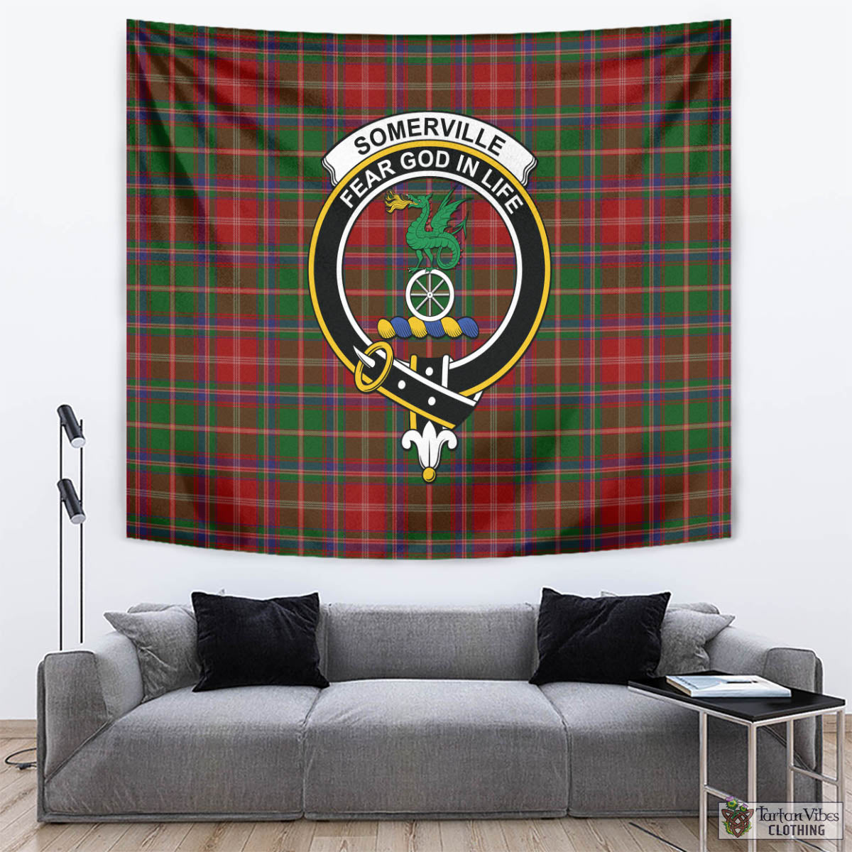 Tartan Vibes Clothing Somerville Tartan Tapestry Wall Hanging and Home Decor for Room with Family Crest