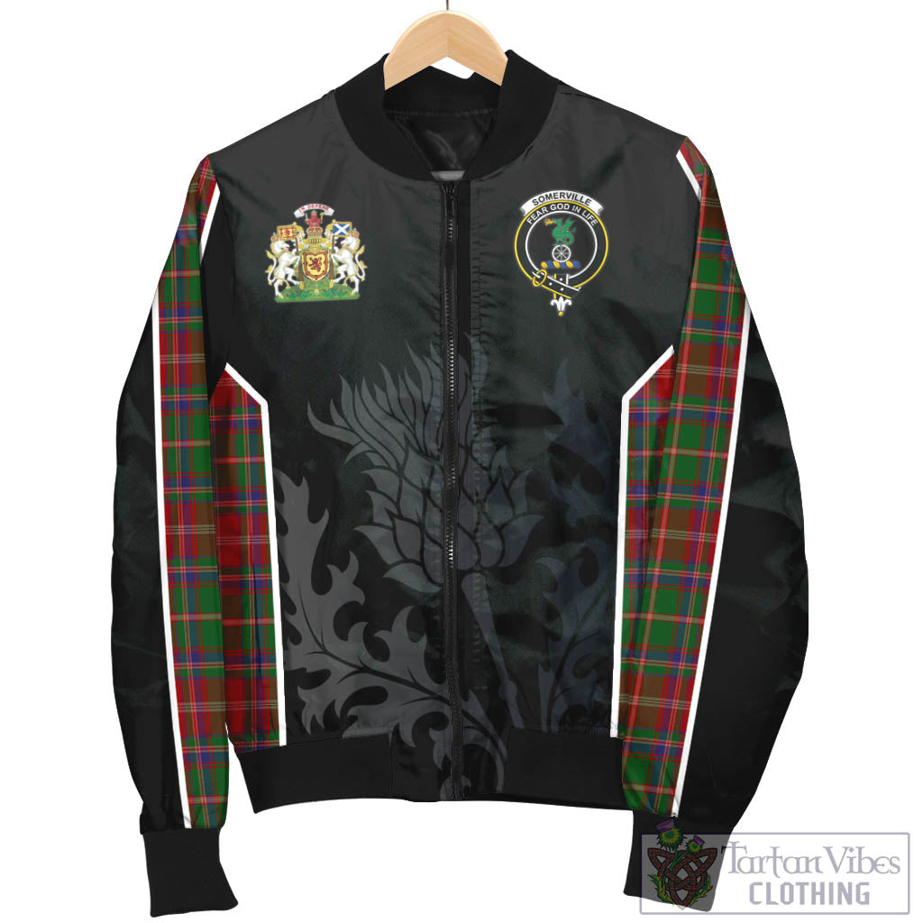 Tartan Vibes Clothing Somerville Tartan Bomber Jacket with Family Crest and Scottish Thistle Vibes Sport Style