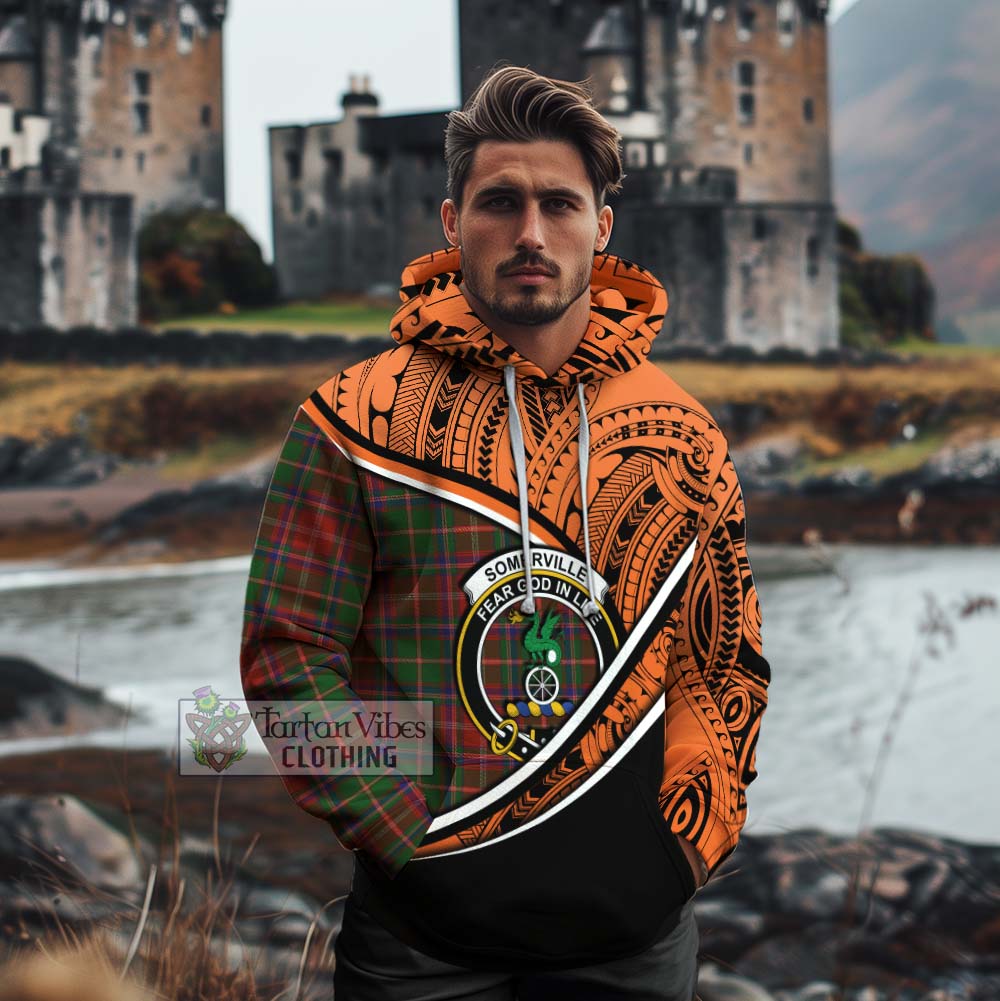 Tartan Vibes Clothing Somerville Crest Tartan Cotton Hoodie with Maori Tattoo Style - Orange Version