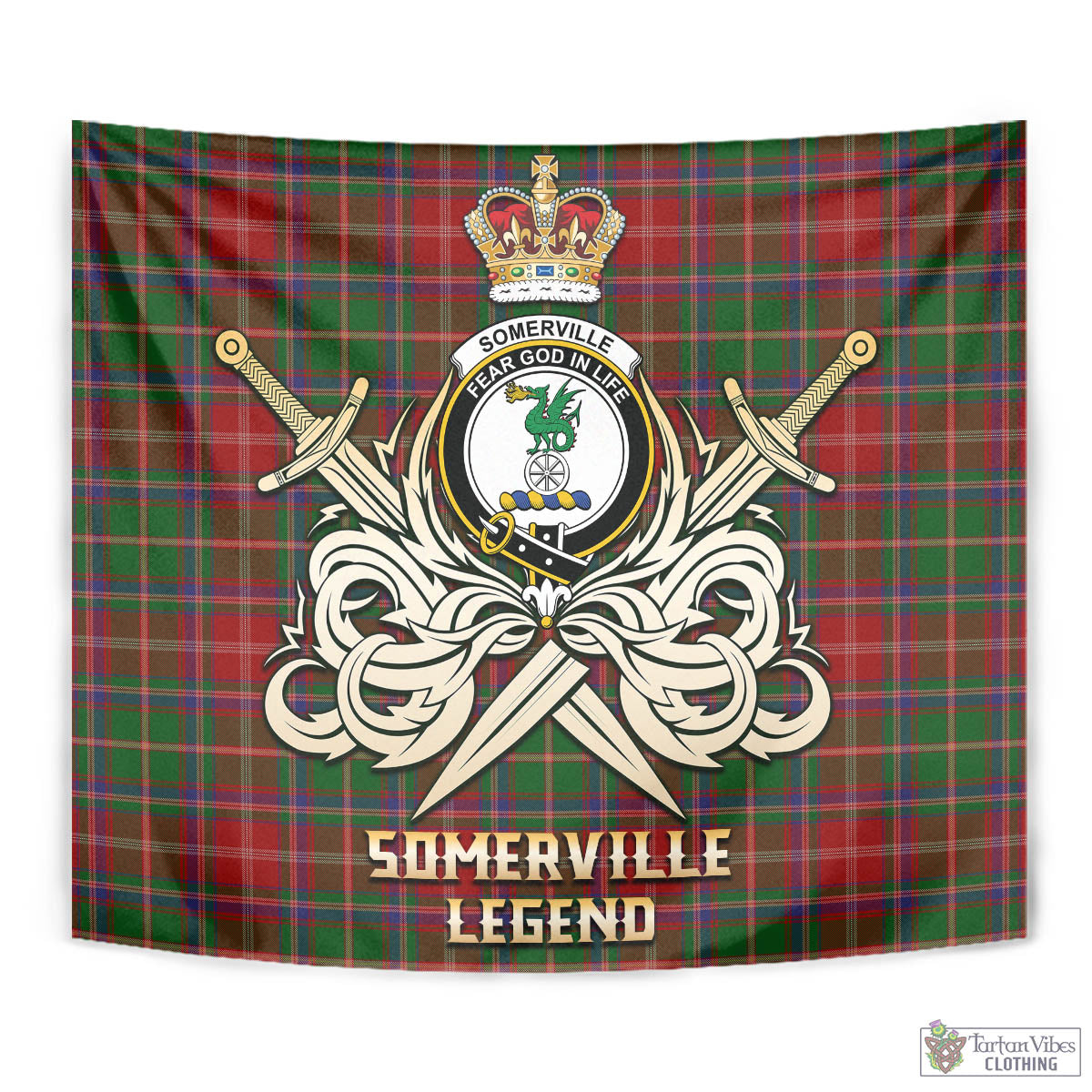 Tartan Vibes Clothing Somerville Tartan Tapestry with Clan Crest and the Golden Sword of Courageous Legacy