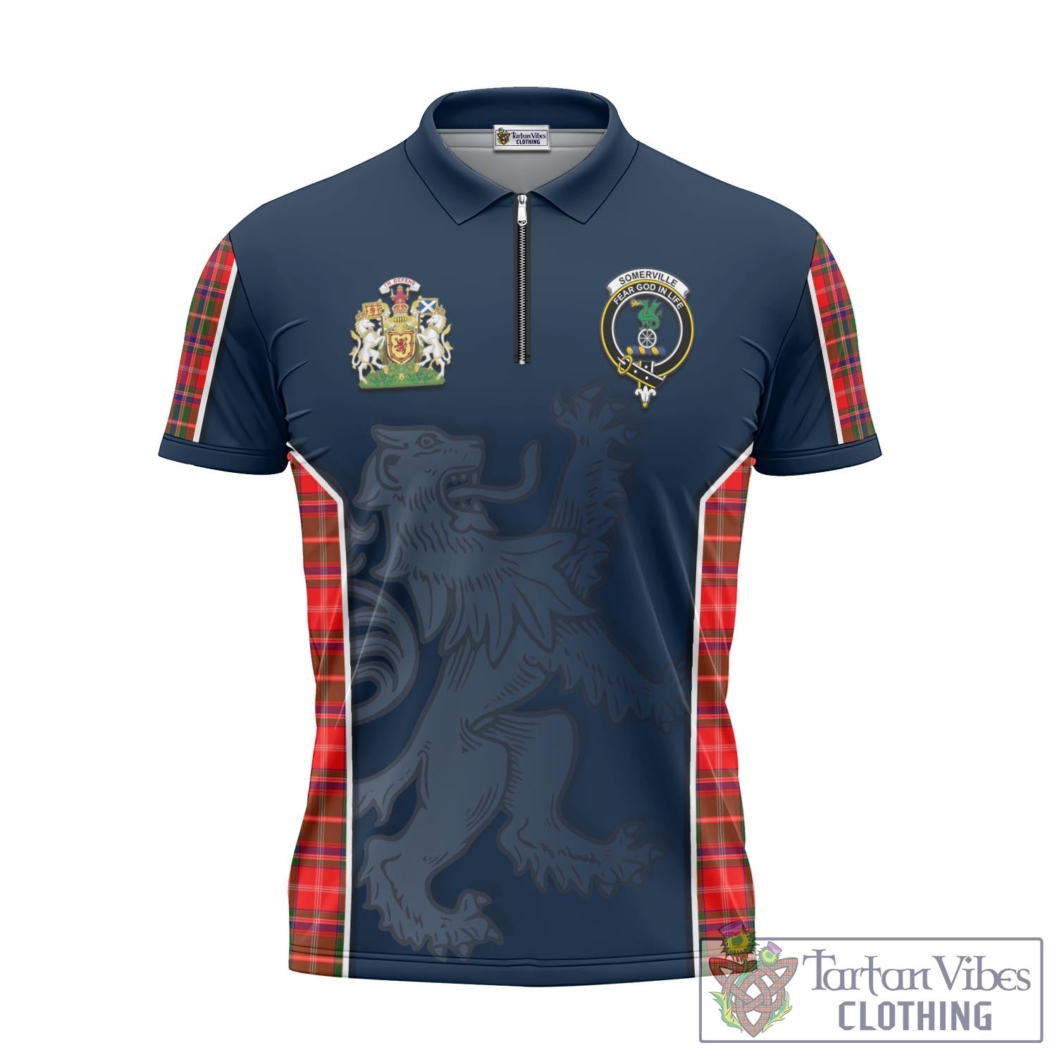 Tartan Vibes Clothing Somerville Modern Tartan Zipper Polo Shirt with Family Crest and Lion Rampant Vibes Sport Style