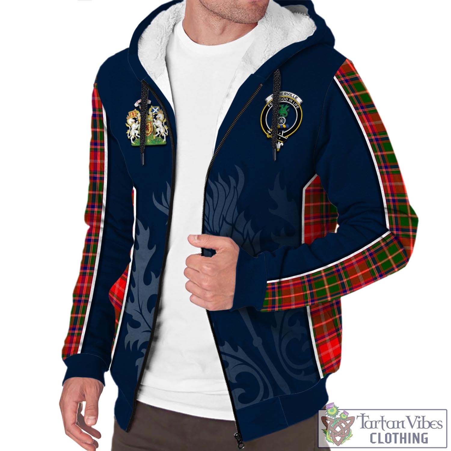 Tartan Vibes Clothing Somerville Modern Tartan Sherpa Hoodie with Family Crest and Scottish Thistle Vibes Sport Style