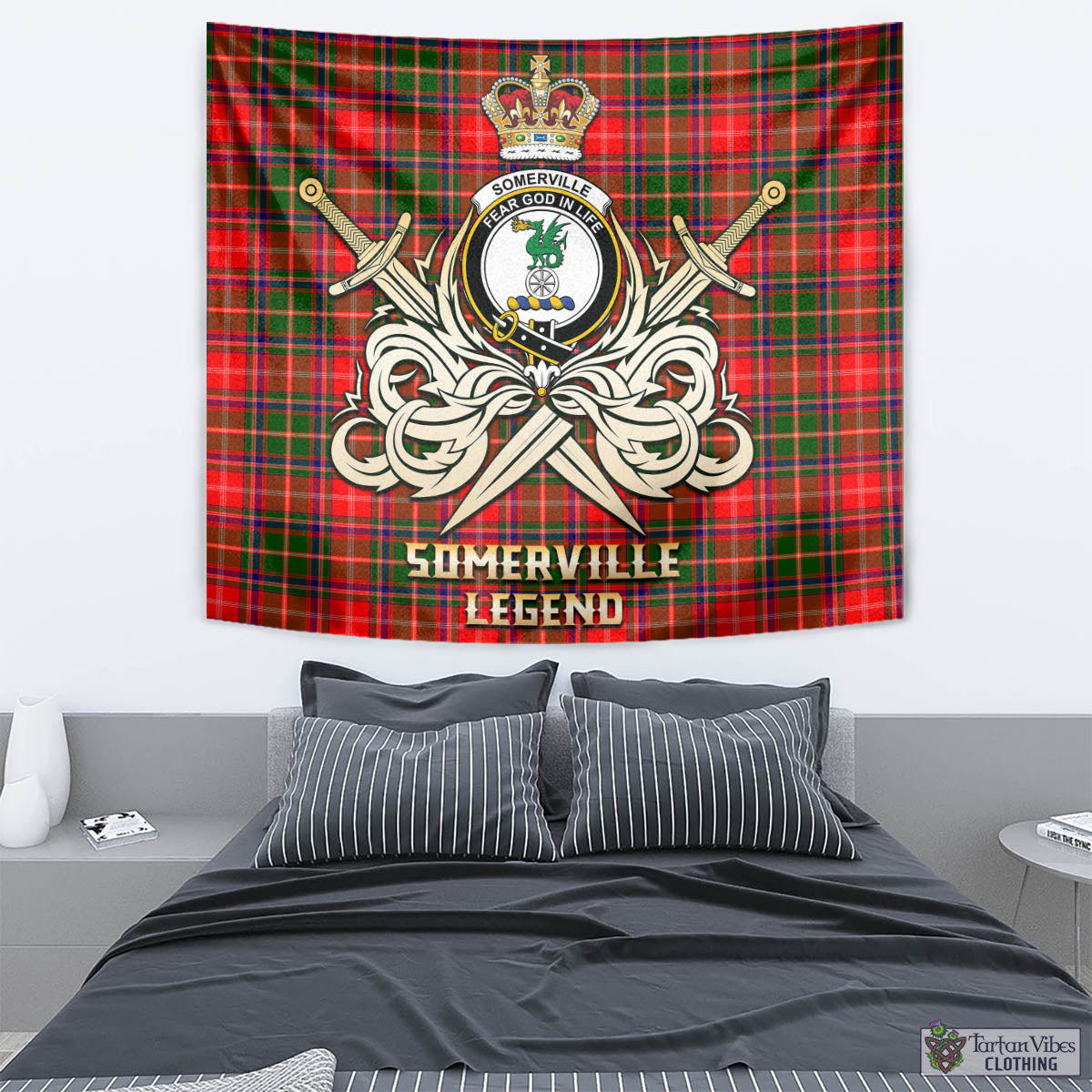 Tartan Vibes Clothing Somerville Modern Tartan Tapestry with Clan Crest and the Golden Sword of Courageous Legacy